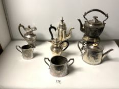 A QUANTITY OF PLATED WARES INCLUDING A SPIRIT KETTLE ON STAND