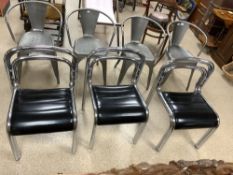 A SET OF SIX RETRO DESIGN TUBULAR STEEL AND LEATHER DINING CHAIRS