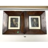 A PAIR OF THICK ROSEWOOD FRAMED COLOURED PRINTS OF LORD NELSON AND THE DUKE OF WELLINGTON, 14 X
