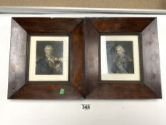 A PAIR OF THICK ROSEWOOD FRAMED COLOURED PRINTS OF LORD NELSON AND THE DUKE OF WELLINGTON, 14 X