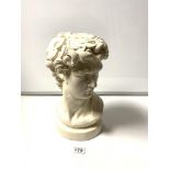 A 20TH CENTURY PLASTER COPY OF 'DAVIDS' HEAD BY MICHAEL ANGELO, 32CMS
