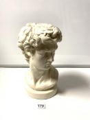 A 20TH CENTURY PLASTER COPY OF 'DAVIDS' HEAD BY MICHAEL ANGELO, 32CMS