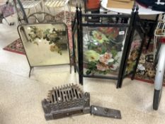 ASCETIC DESIGN WOODEN FRAMED FOLDING FIRE SCREEN WITH ROSE PAINTED GLASS PANELS, SMALL IRON FIRE