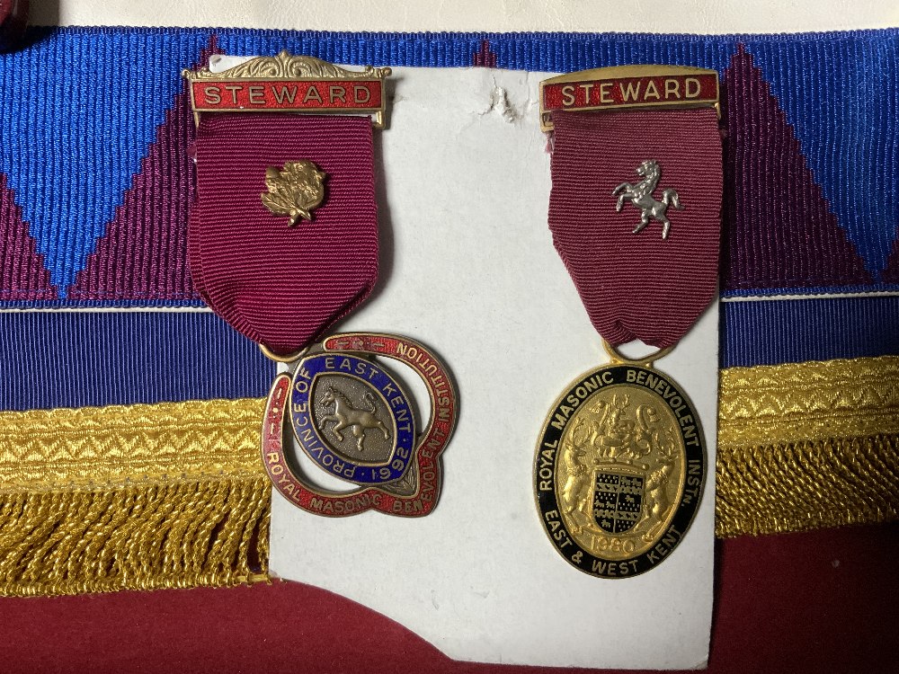 MASONIC APRON AND REGALIA, ALSO SOME MASONIC MEDALS (NONE GOLD OR SILVER) IN A BRIEFCASE - Image 7 of 14