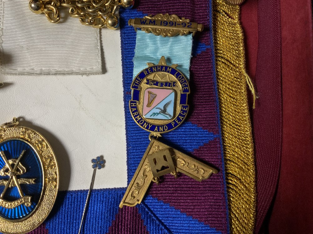 MASONIC APRON AND REGALIA, ALSO SOME MASONIC MEDALS (NONE GOLD OR SILVER) IN A BRIEFCASE - Image 5 of 14