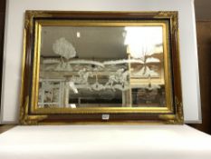 A MODERN WALL MIRROR WITH ETCHED HORSE RACING SCENE ON MIRROR PLATE, 74 X 50CMS