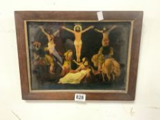 A REVERSE GLASS PICTURE OF CHRIST AND TWO DISCIPLES ON THE CROSS IN A ROSEWOOD FRAME, 34 X 23CMS