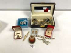 A QUANTITY OF COSTUME JEWELLERY INCLUDING AGATE BROOCH, OPAL, INSECT AND BIRD BROOCHES ETC