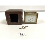 VINTAGE CASED SQUARE FRENCH BRASS CARRIAGE CLOCK WITH KEY, 9.5 X 9CMS