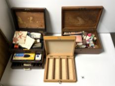 TWO MAHOGANY BOXES CONTAINING SEWING COTTON AND ITEMS AND A BOOK FORM LENSE BOX BY GNOME