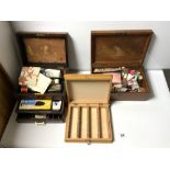 TWO MAHOGANY BOXES CONTAINING SEWING COTTON AND ITEMS AND A BOOK FORM LENSE BOX BY GNOME
