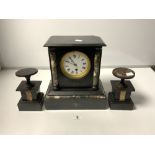 A VICTORIAN ROUGE MANTLE/SLATE CLOCK GARNITURE THREE PIECE (A/F)