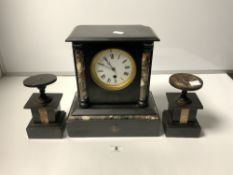 A VICTORIAN ROUGE MANTLE/SLATE CLOCK GARNITURE THREE PIECE (A/F)