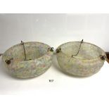 A PAIR OF 1950S MOTTLED COLOURED GLASS CEILING SHADES, 36CMS