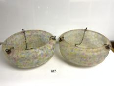A PAIR OF 1950S MOTTLED COLOURED GLASS CEILING SHADES, 36CMS