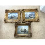 THREE 20TH CENTURY FRAMED OILS ON BOARD OF DUTCH FISHING BOAT SCENES, THE LARGEST 39 X 28CMS