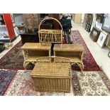 A PAIR OF WICKER AND CANE SHELVES WITH SWIRL DECORATION 56 X 56CMS AND A WICKER LAUNDRY BASKET AND A