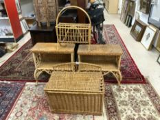 A PAIR OF WICKER AND CANE SHELVES WITH SWIRL DECORATION 56 X 56CMS AND A WICKER LAUNDRY BASKET AND A