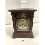 A LATE VICTORIAN OAK MANTLE CLOCK WITH BRASS SILVERED DIAL (SOME EVIDENCE OF WORM) NOT LIVE !
