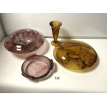 A CLOUDED SMOKED GLASS VASE AND STAND, AND A MAUVE SMOKED GLASS BOWL AND STAND DAVIDSON GLASS