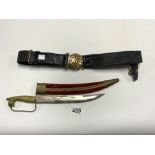 INDIAN SWORD/DAGGER WITH ENGRAVED BLADE, 36CMS, AND A NAVAL BELT AND BUCKLE
