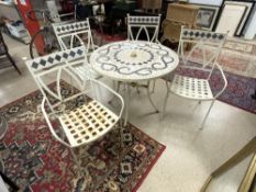 A METAL GARDEN TABLE AND FOUR CHAIRS, WITH MOSAIC CERAMIC TOP, 90CMS DIAMETER