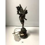 AN ANTIQUE SPELTER WINGED CHERUB HOLDING A TORCH- TABLE LAMP- 45CMS