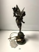 AN ANTIQUE SPELTER WINGED CHERUB HOLDING A TORCH- TABLE LAMP- 45CMS