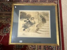 A 1906 FRENCH FRAMED PRINT - ENTITLED 'SCORCHING' IN A GILT FRAME, 52 X 46CMS