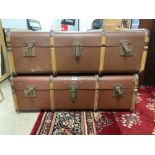 TWO VINTAGE CANVAS AND WOOD BOUND TRAVEL TRUNKS