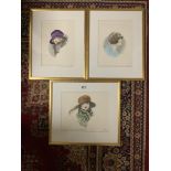 THREE FRAMED FRENCH HAT FASHION PORTRAITS OF LADIES, 30 X 26CMS