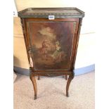 A LATE 19TH CENTURY FRENCH SIDE CABINET WITH A PAINTED SCENE TO THE FRONT, MAN SERENADING A LADY,