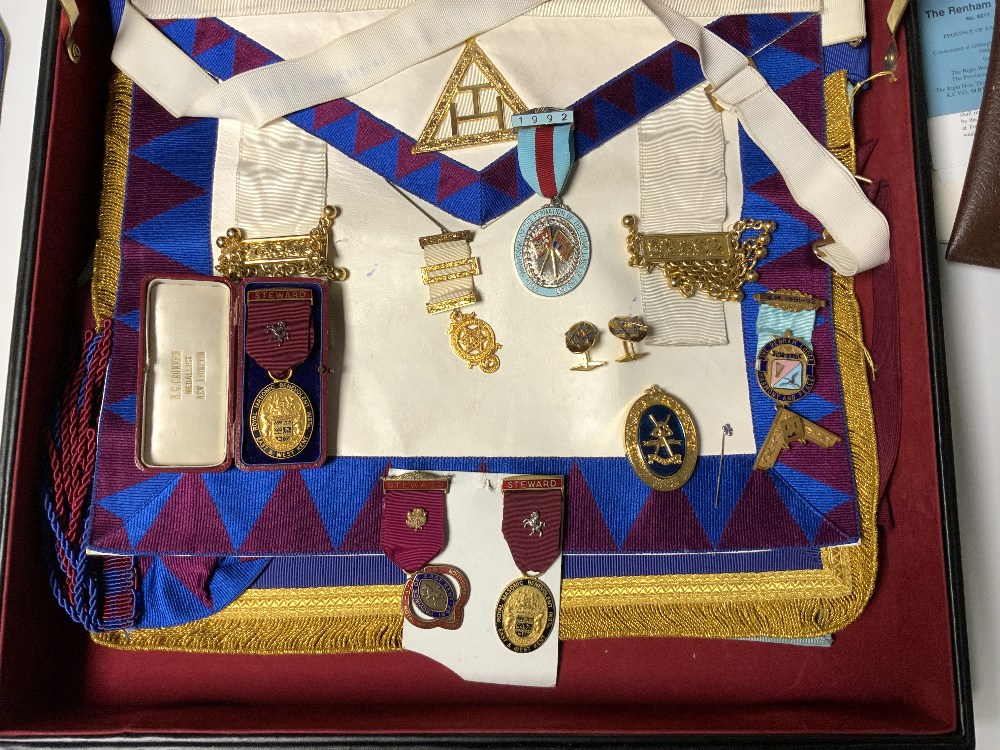 MASONIC APRON AND REGALIA, ALSO SOME MASONIC MEDALS (NONE GOLD OR SILVER) IN A BRIEFCASE - Image 4 of 14