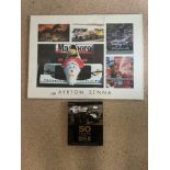 AYRTON SENNA - TRIBUTE IN PHOTOGRAPHS IN AMOUNT, 80 X 60CMS AND A BOOK 50 YEARS OF FORMULA 1