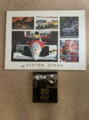 AYRTON SENNA - TRIBUTE IN PHOTOGRAPHS IN AMOUNT, 80 X 60CMS AND A BOOK 50 YEARS OF FORMULA 1