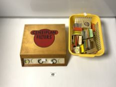 A VINTAGE CENEIPLAN FILTERS TABLETOP CABINET AND LOOSE PACKETS OF FILTERS