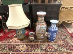 A JAPANESE CERAMIC VASE LAMP WITH FLOWER AND BIRD DECORATION, 44 CMS AND THREE CHINESE VASES, THE