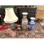 A JAPANESE CERAMIC VASE LAMP WITH FLOWER AND BIRD DECORATION, 44 CMS AND THREE CHINESE VASES, THE