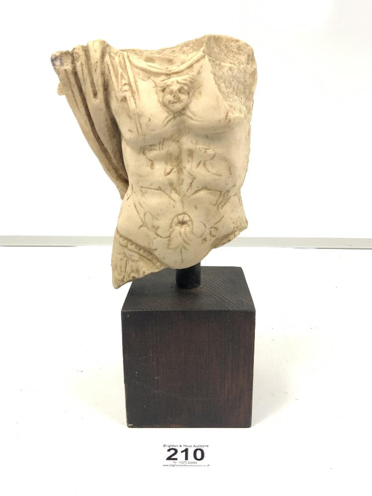 A RESIN SCULPTURE OF A ROMAN TORSO IN A WOODEN BASE, 29CMS - Image 2 of 5