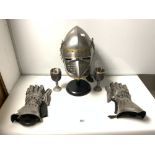 A REPLICA MEDIEVAL KNIGHTS HELMET AND ARMOUR, GLOVES, AND TWO GOBLETS
