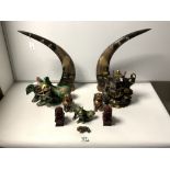 A PAIR OF CARVED ANIMAL HORNS DEPICTING BIRDS, 42CMS, 2 CHINESE CERAMIC TEMPLE DOGS, THE TALKEST