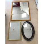 A MODERN PINE FRAMED WALL MIRROR, 94 X 134CMS A GILT FRAMED WALL MIRROR AND OVAL BEVELLED WALL