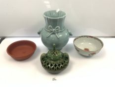 A 20TH CENTURY CHINESE TURQUOISE GLAZED VASE 28CMS (A/F) CHINESE PORCELAIN FLORAL DECORATED BOWL (