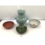 A 20TH CENTURY CHINESE TURQUOISE GLAZED VASE 28CMS (A/F) CHINESE PORCELAIN FLORAL DECORATED BOWL (