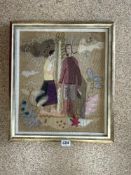 A FRAMED NEEDLEWORK AND MATERIAL STUDY OF MALE AND FEMALE HOLDING DOVE AND FISH, 36 X 43CMS