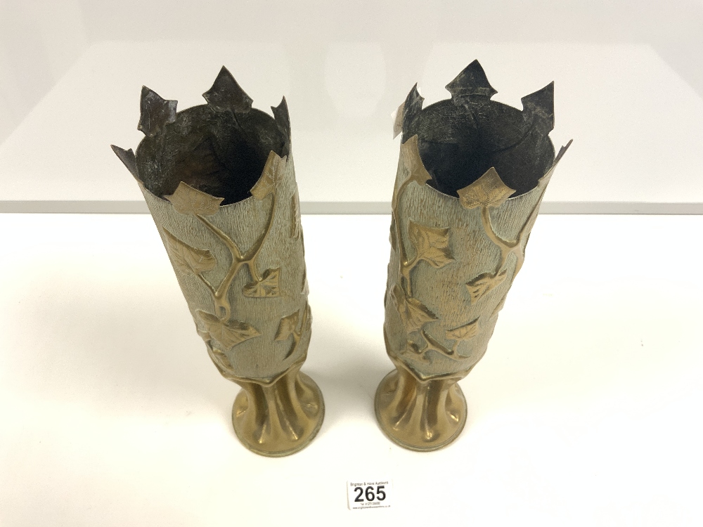 A PAIR OF BRASS TRENCH ART SHELLS WITH IVY LEAF DECORATION, 34.5CMS - Image 3 of 5