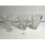 A STUART CRYSTAL VASE BY JASPER CONRAN SIGNED, A GLASS ANCHOR WATER JUG AND GLASS VASE