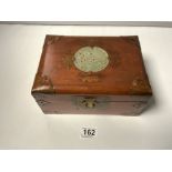 A 20TH-CENTURY CHINESE BRASS MOUNTED JEWELLERY BOX WITH INSET JADE? ROUNDEL TO LID
