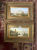 M. BEALE - A PAIR OF OILS OF WINDMILLS RIVER SCENES, FIGURES, AND BOATS. 19 X 34CMS