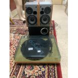 A LENCO L-30 TURNTABLE AND OPTISOUND 5 BASS BOX AND A PAIR OF EDEFIER R1280T MULTIMEDIA SPEAKERS